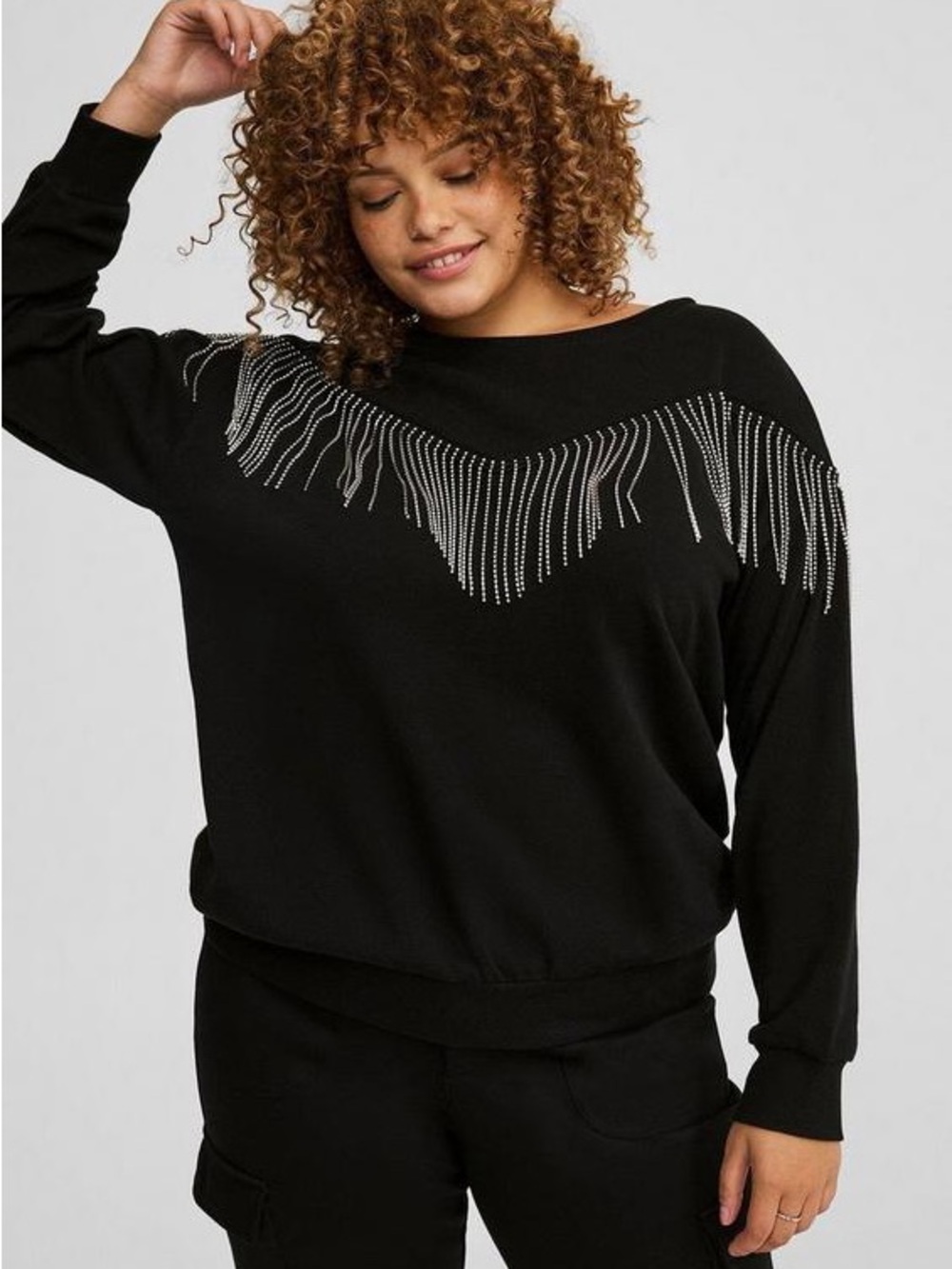 Torrid Drop Shoulder Rhinestone Fringe Black Sweatshirt Western Glam Pullover